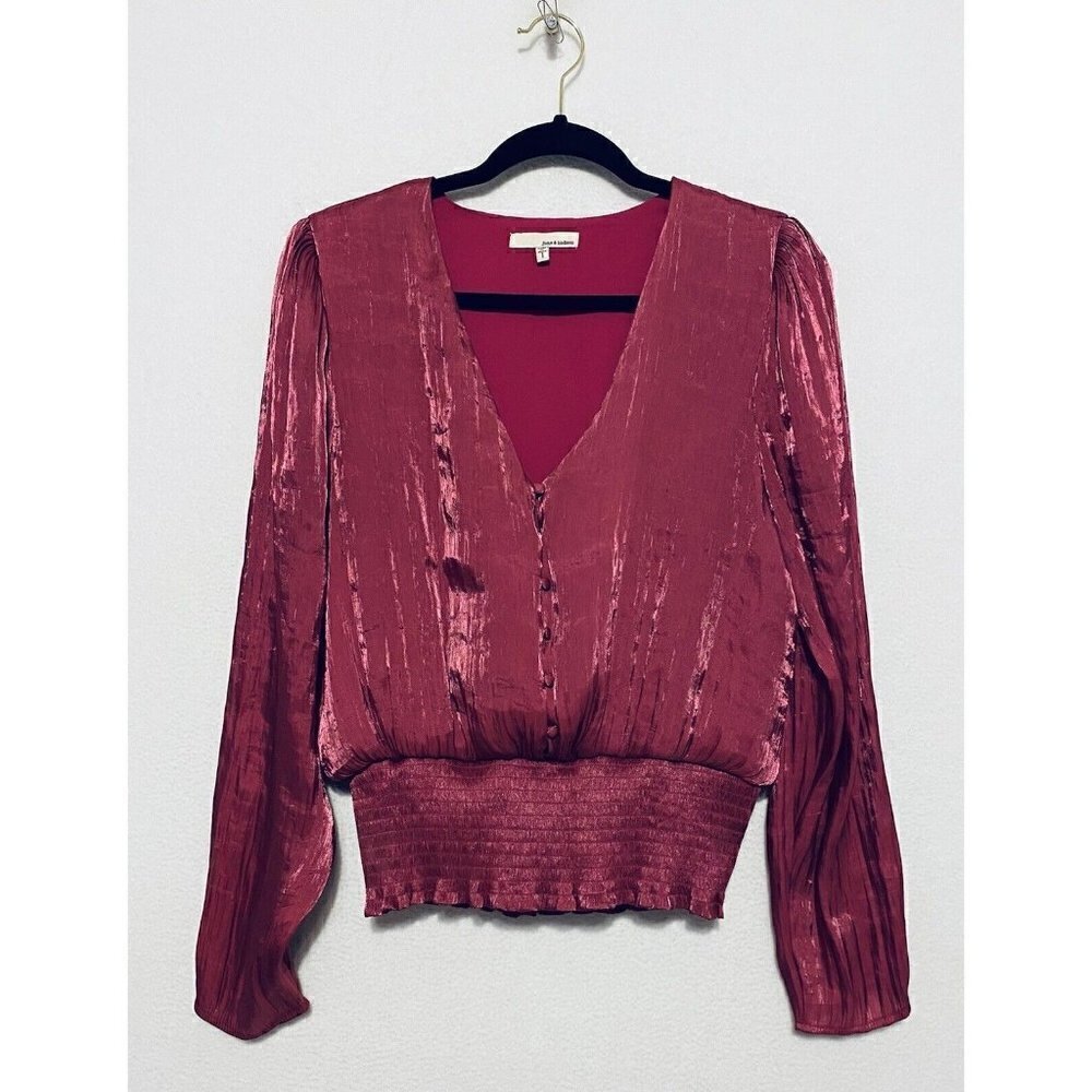 June and Hudson Top Womens Large Shimmery Smocked Waist Long Sleeves Pink Boho